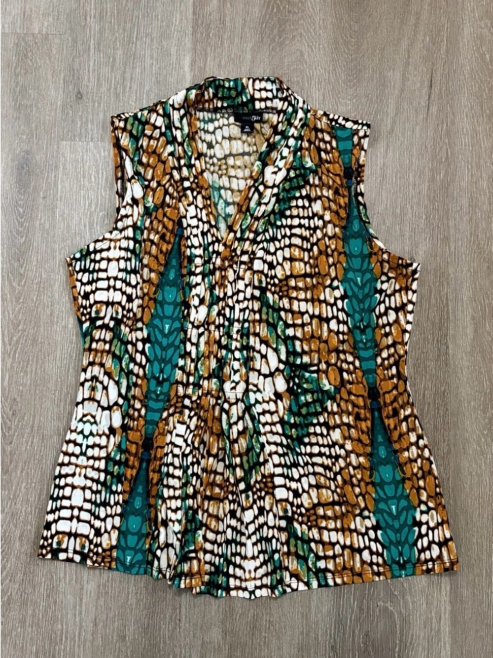 East 5th Sleeveless V-Neck Printed Top - Teal, Brown & White